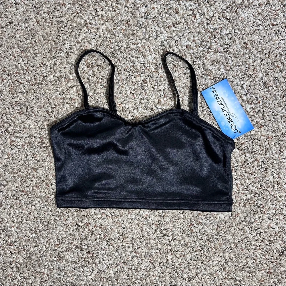 Double Platinum 2 piece Black‎ Dance set Satin crop Top and Briefs Adult XS NWT